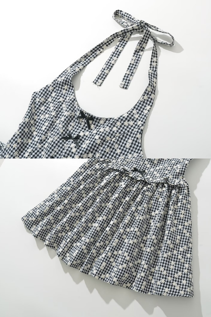 Pötikareli Boyundan Bağlamalı Mini Elbise