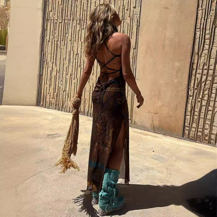 Baskılı Sırtı Açık Askılı Midi Elbise