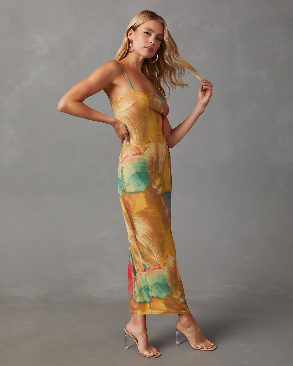 Nuvola Baskılı File Midi Elbise