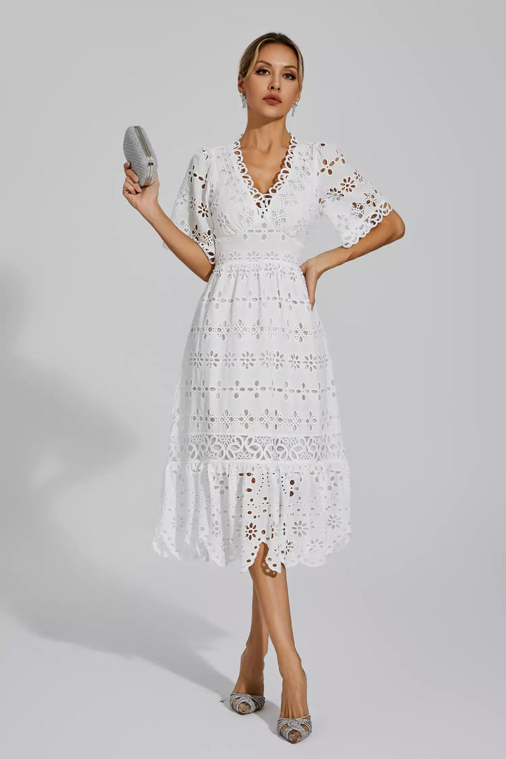 Aarya Beyaz Dekolteli Midi Elbise