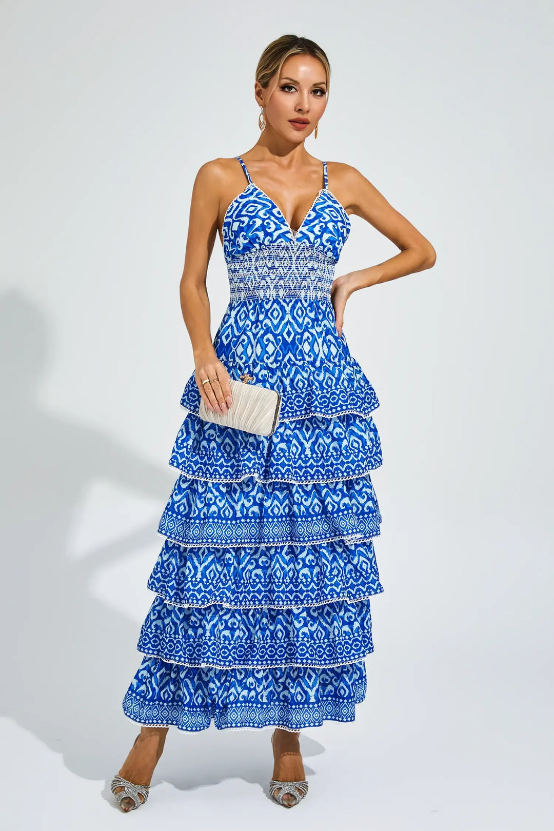 Adela Mavi Bohem Katlı Slip Maxi Elbise