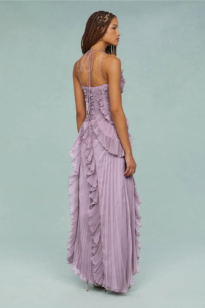 Anabella Pileli Fırfırlı Lila Midi Elbise