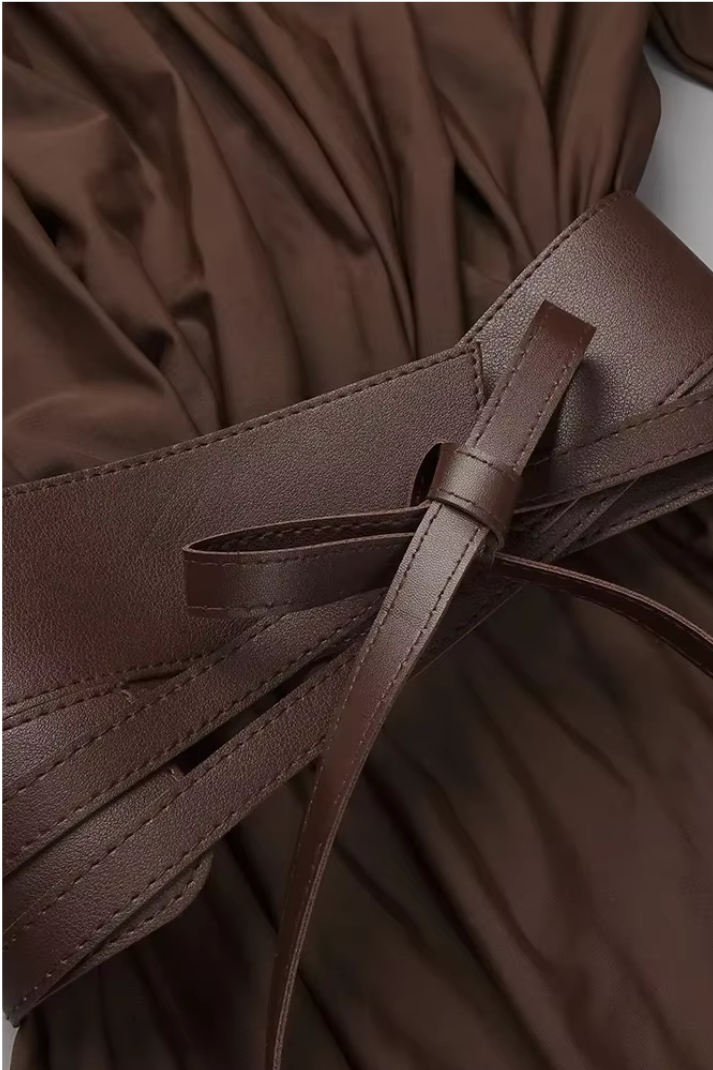 Ruby Deri Kemerli Vatkalı Uzun Elbise