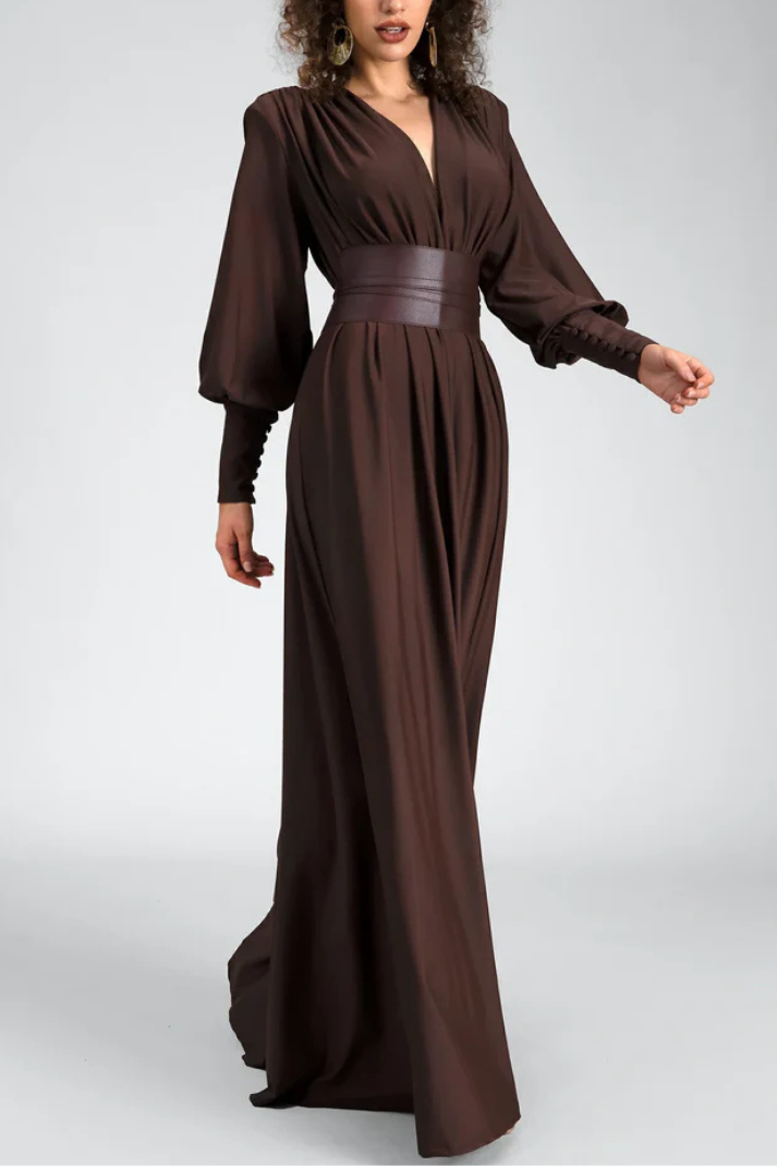 Ruby Deri Kemerli Vatkalı Uzun Elbise