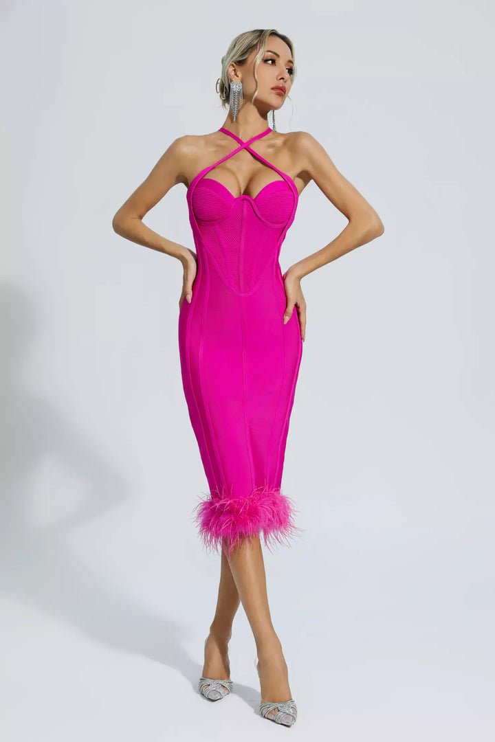 Aleah Pembe Boyundan Bağlamalı Bandaj Midi Elbise