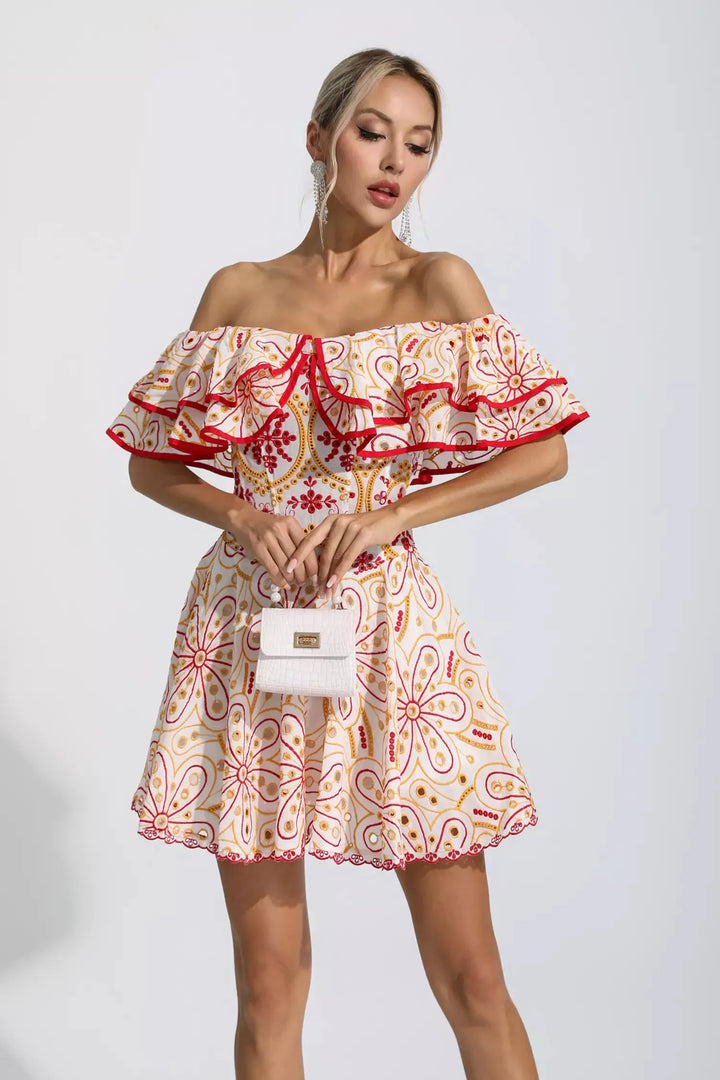 Amora Kırmızı Kesikli Fırfırlı Mini Elbise