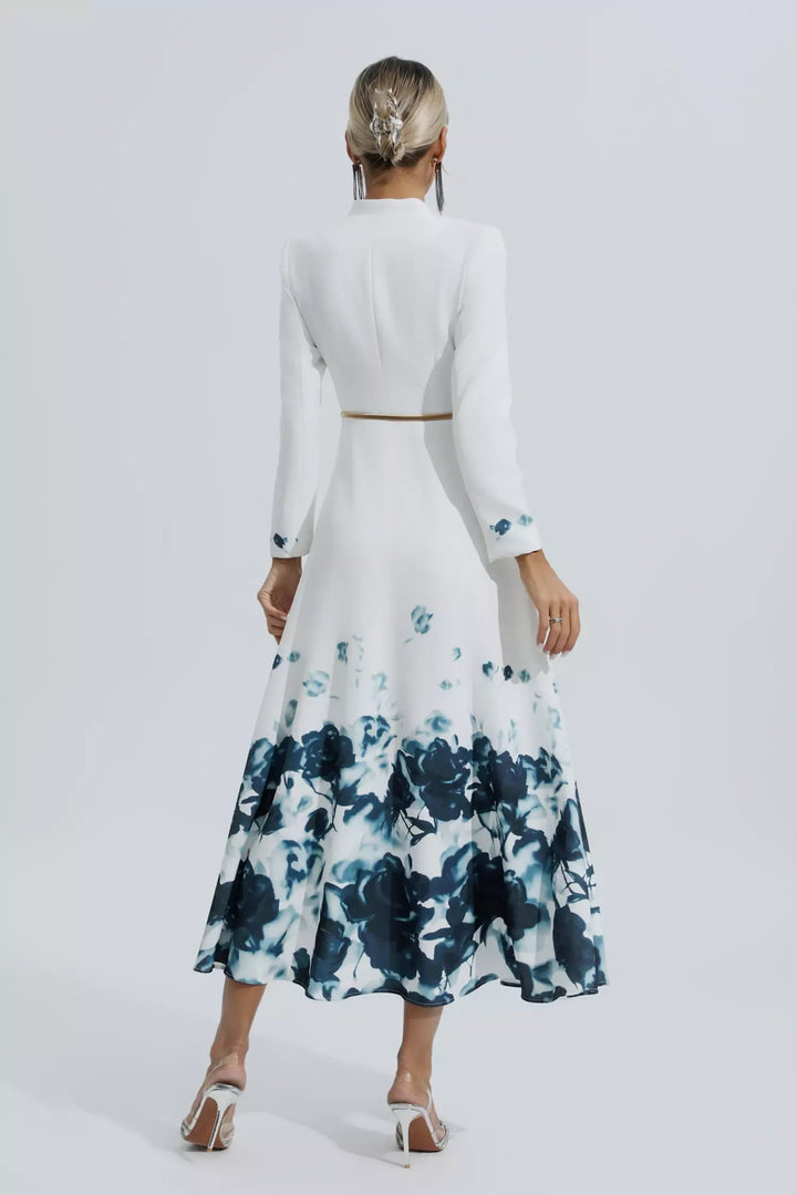 Angie Beyaz Baskılı Çiçekli Uzun Elbise
