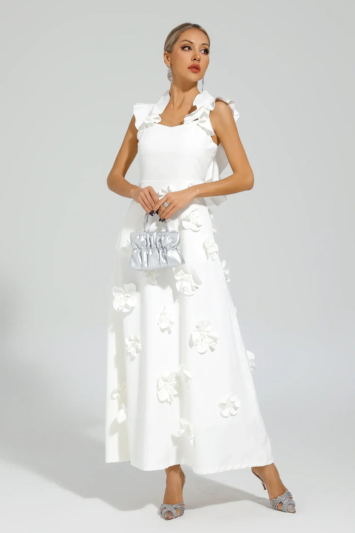 Ansel Beyaz Çiçek Slip Uzun Elbise