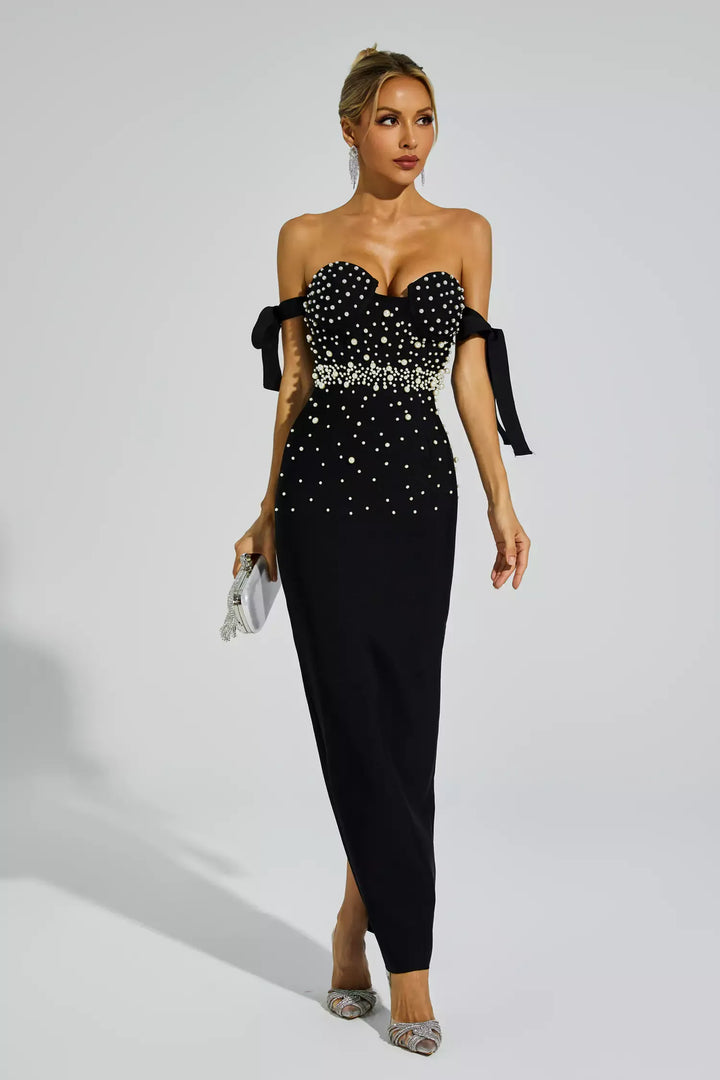 Antony Siyah İnci İşlemeli Bandaj Maxi Elbise