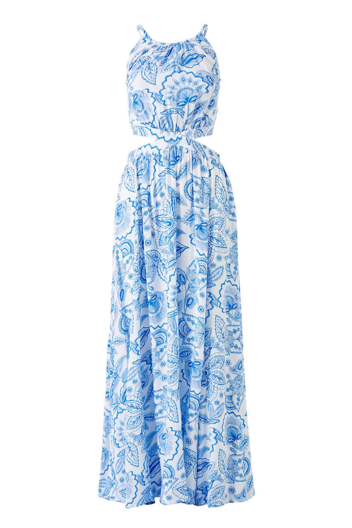 Elva Paisley Baskılı Sırtı Açık Kesik Uzun Elbise