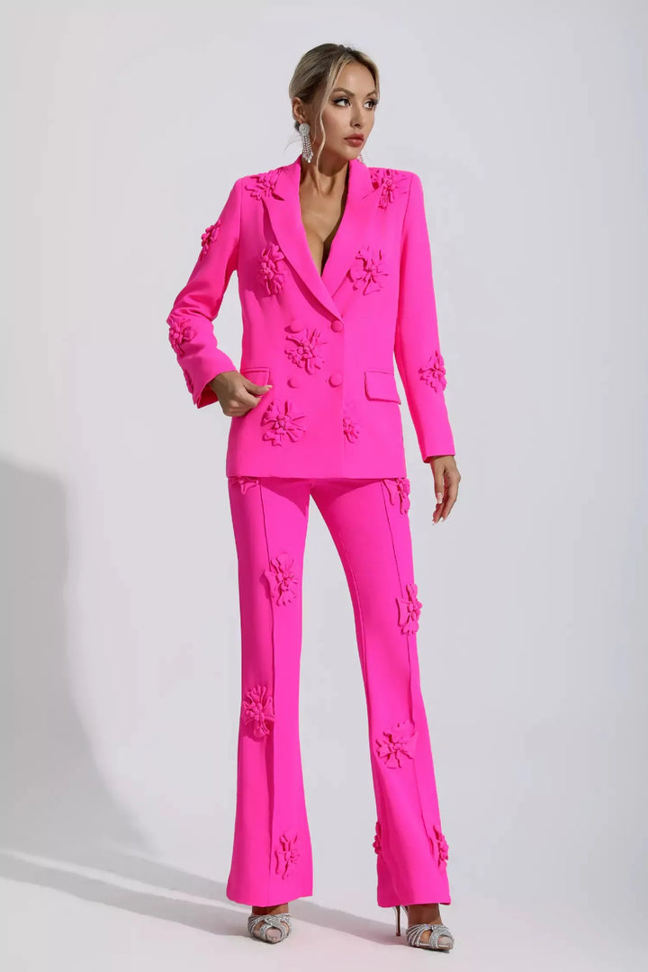 Ari Pembe Jakarlı Çiçekli Blazer Takım