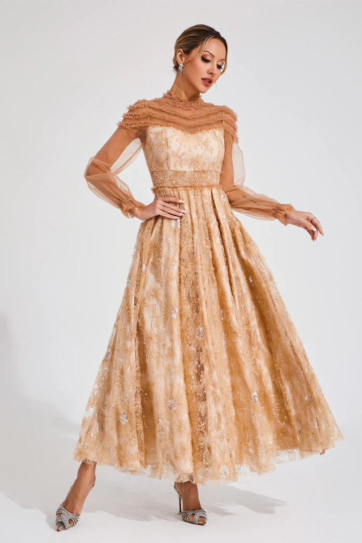 Nova Bej Dantel Payet Uzun Elbise
