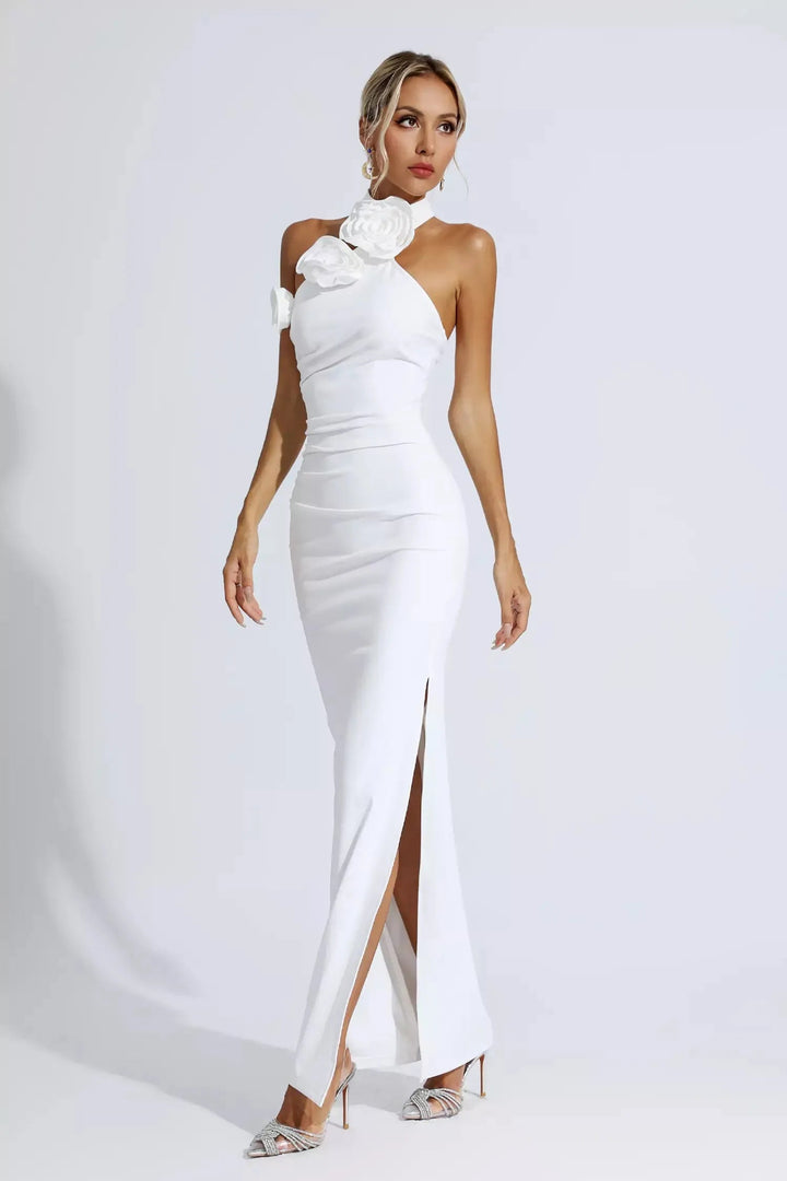 Natalie Kırmızı Çiçekli Dantelli Boyundan Bağlamalı Maxi Elbise