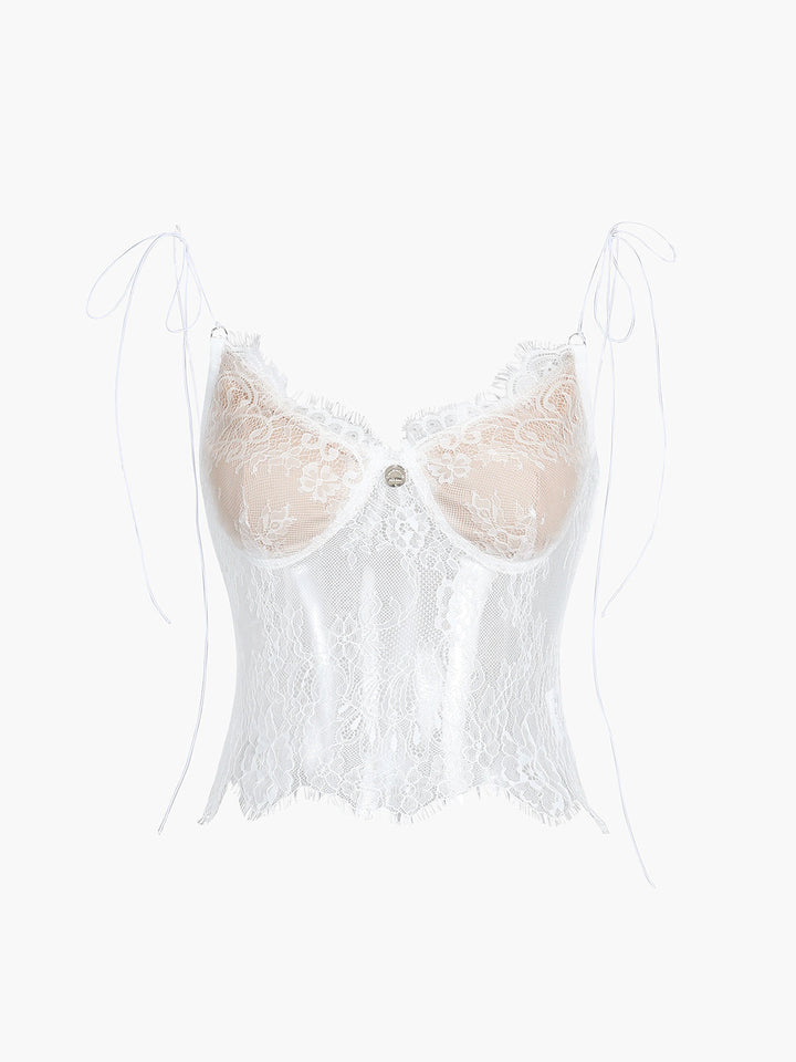 Omuzları Bağlamalı Çiçekli Dantelli Crop