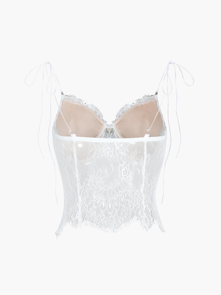 Omuzları Bağlamalı Çiçekli Dantelli Crop