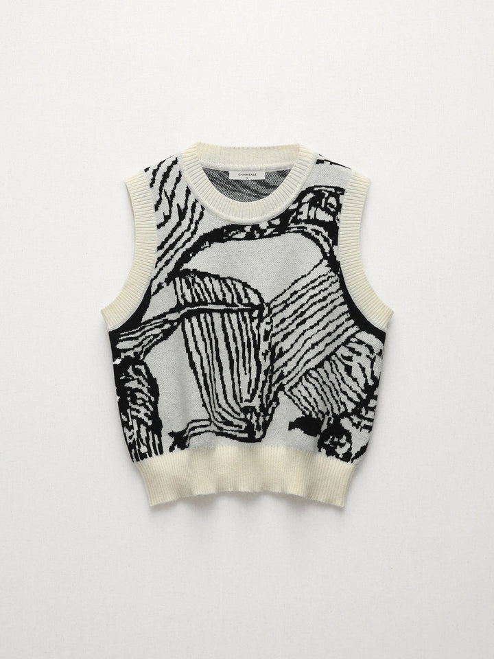 Kontrast Trim Çiçekli Kazak Yelek