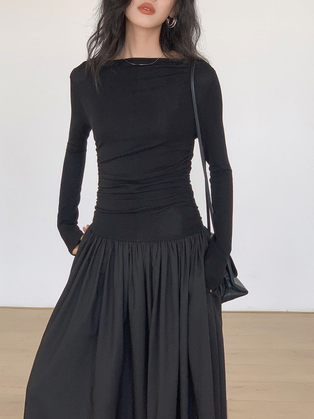 Pileli Patchwork Örme Uzun Kollu Midi Elbise