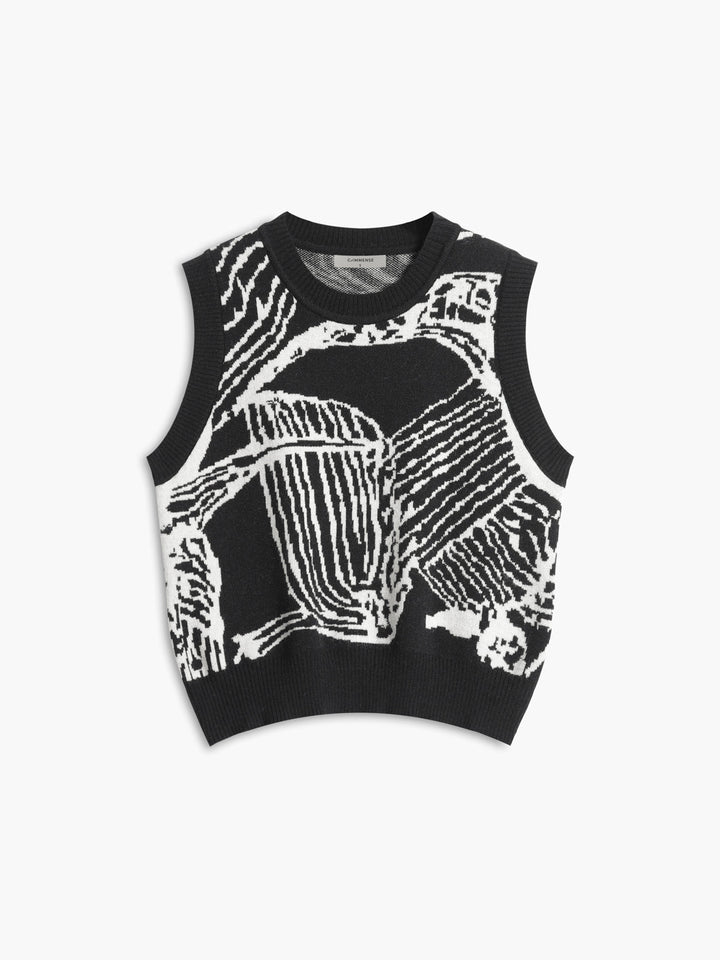 Kontrast Trim Çiçekli Kazak Yelek