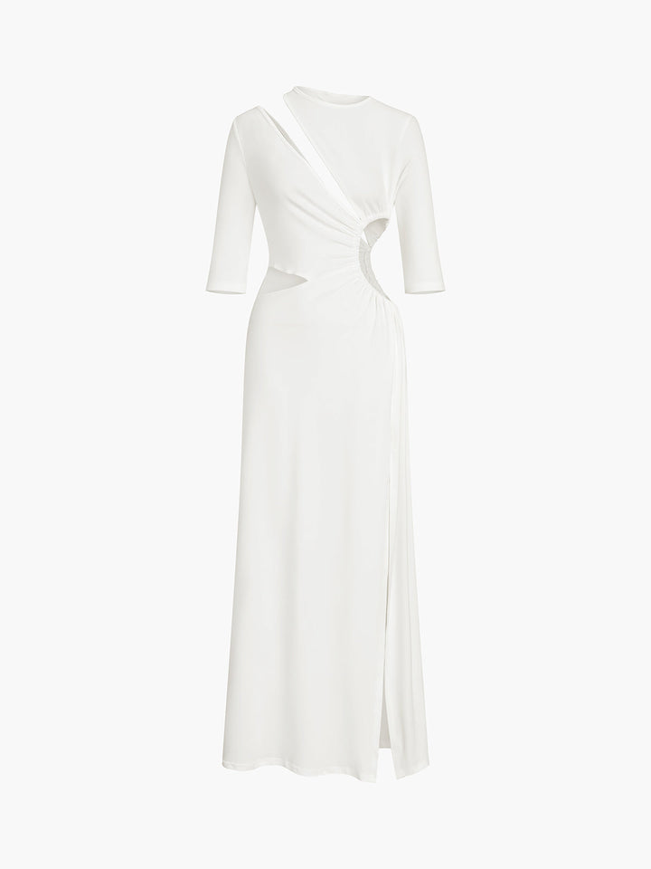 Kesik Büzgülü Bölünmüş Örgü Uzun Elbise