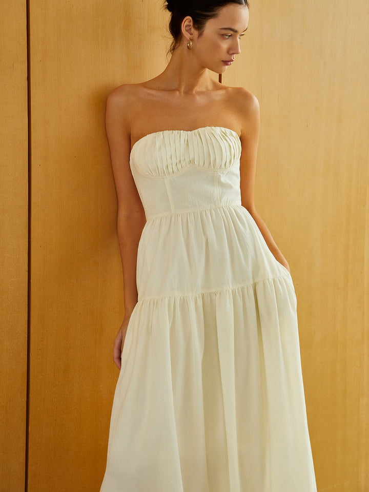 Krem Fermuarlı Pileli Midi Elbise