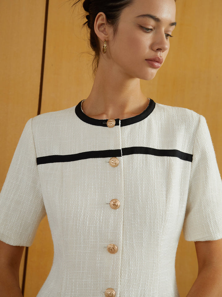 Kontrast Bağlama Düğmeli Tweed Kısa Elbise