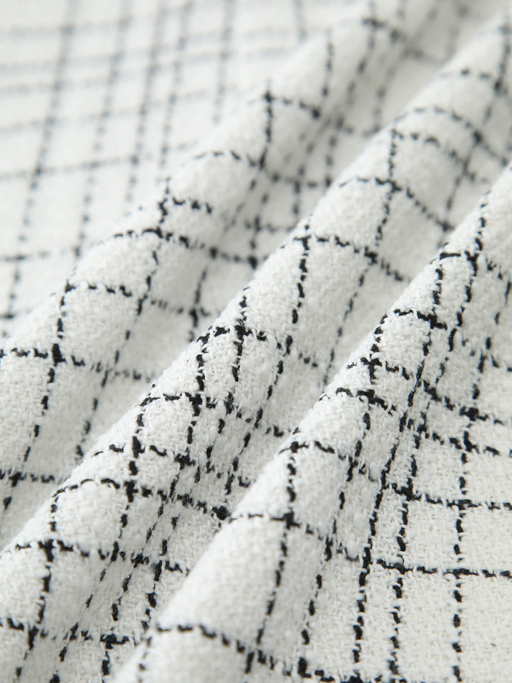 Ekose Desenli İnci Düğmeli Kolsuz Kısa Elbise