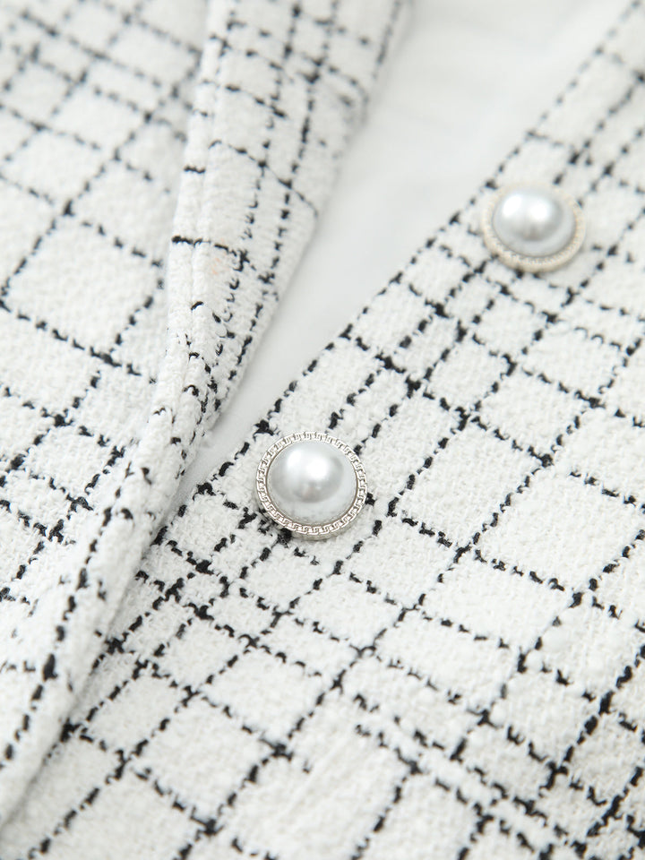 Ekose Desenli İnci Düğmeli Kolsuz Kısa Elbise