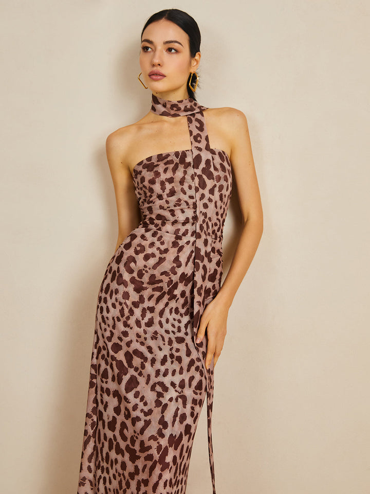 Leopar Desenli File Askılı Midi Elbise