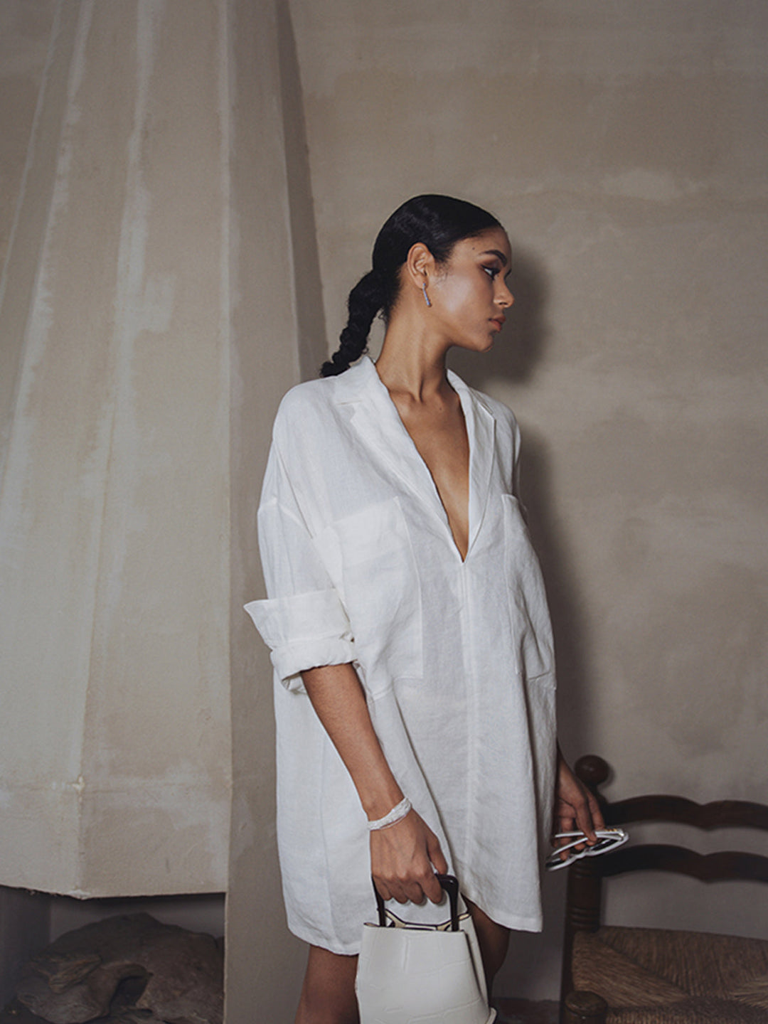 Keten Cepli Yarı Şeffaf Uzun Kollu Elbise