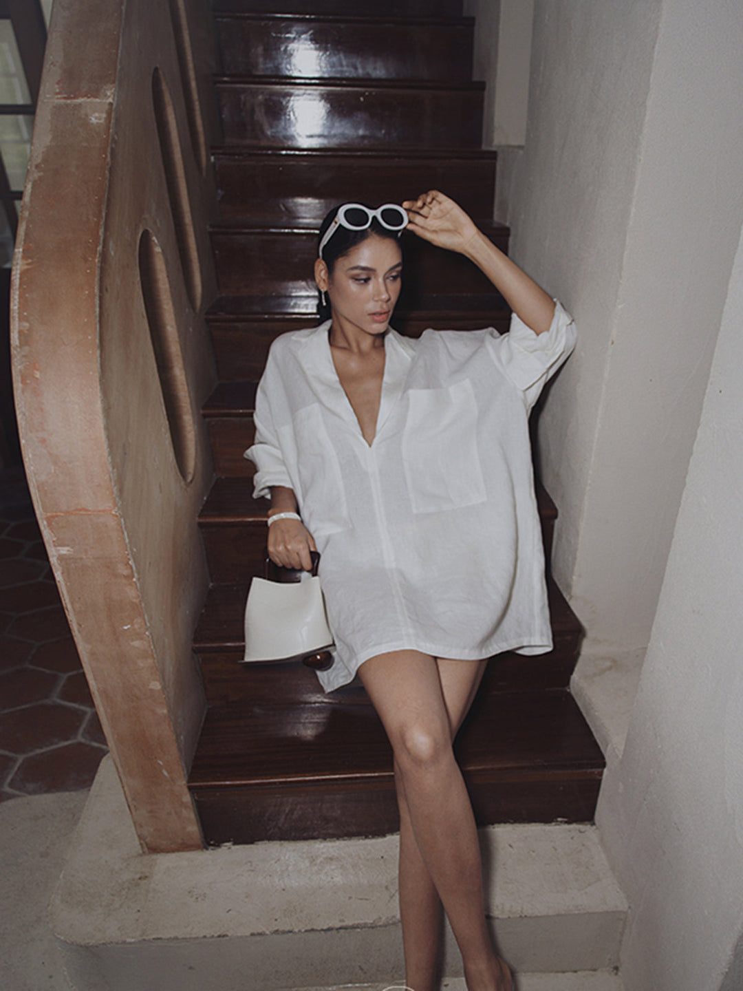 Keten Cepli Yarı Şeffaf Uzun Kollu Elbise