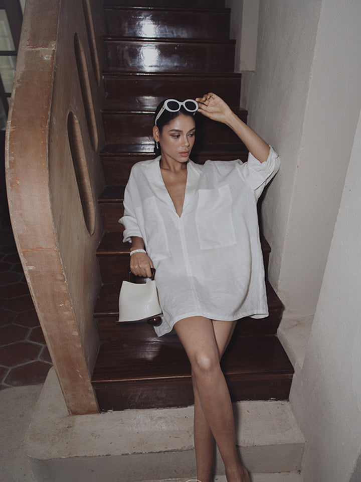 Keten Cepli Yarı Şeffaf Uzun Kollu Elbise