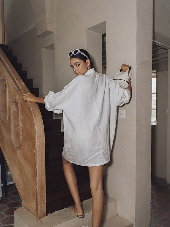 Keten Cepli Yarı Şeffaf Uzun Kollu Elbise