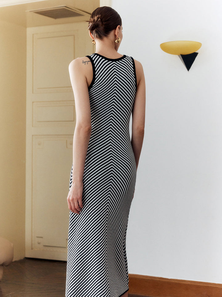 Kontrast Trim Çizgili Örgü Elbise