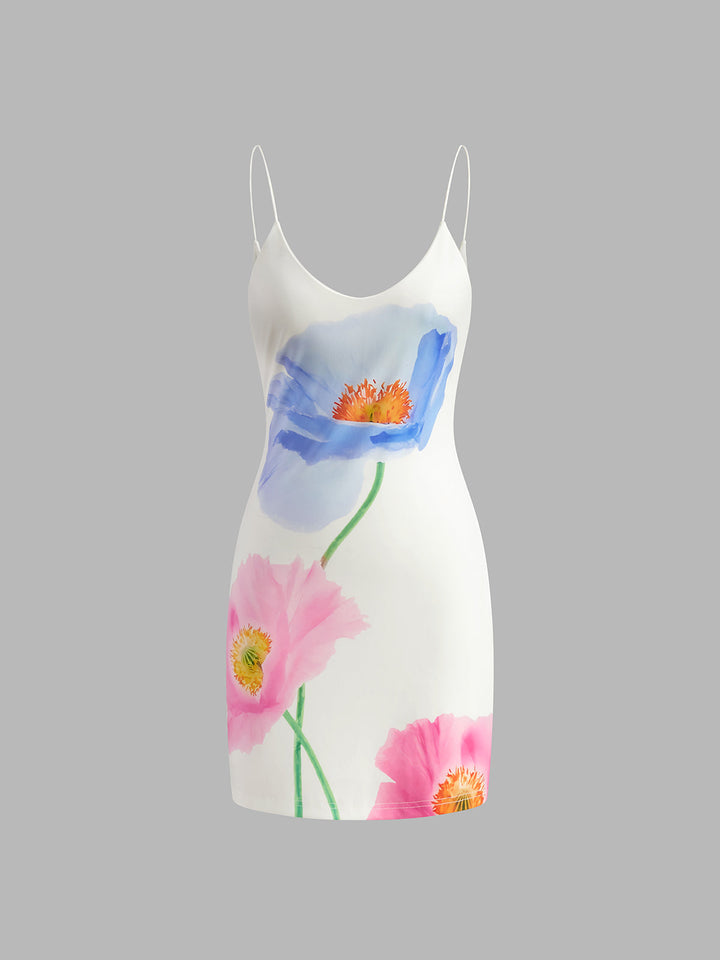 Sırtı Açık Çiçekli Kısa Elbise