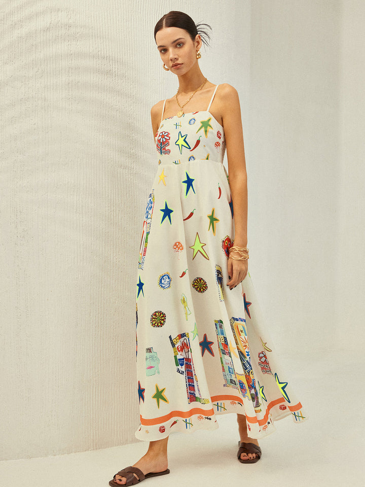 Cepli Ayarlanabilir Askılı Baskılı Elbise