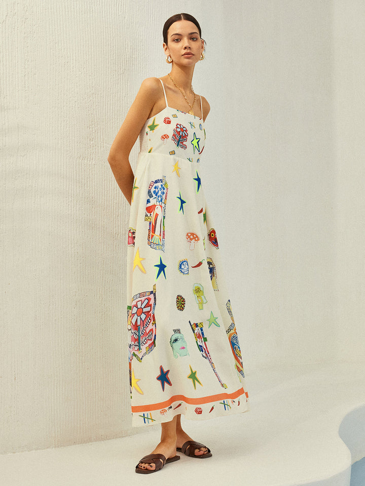 Cepli Ayarlanabilir Askılı Baskılı Elbise