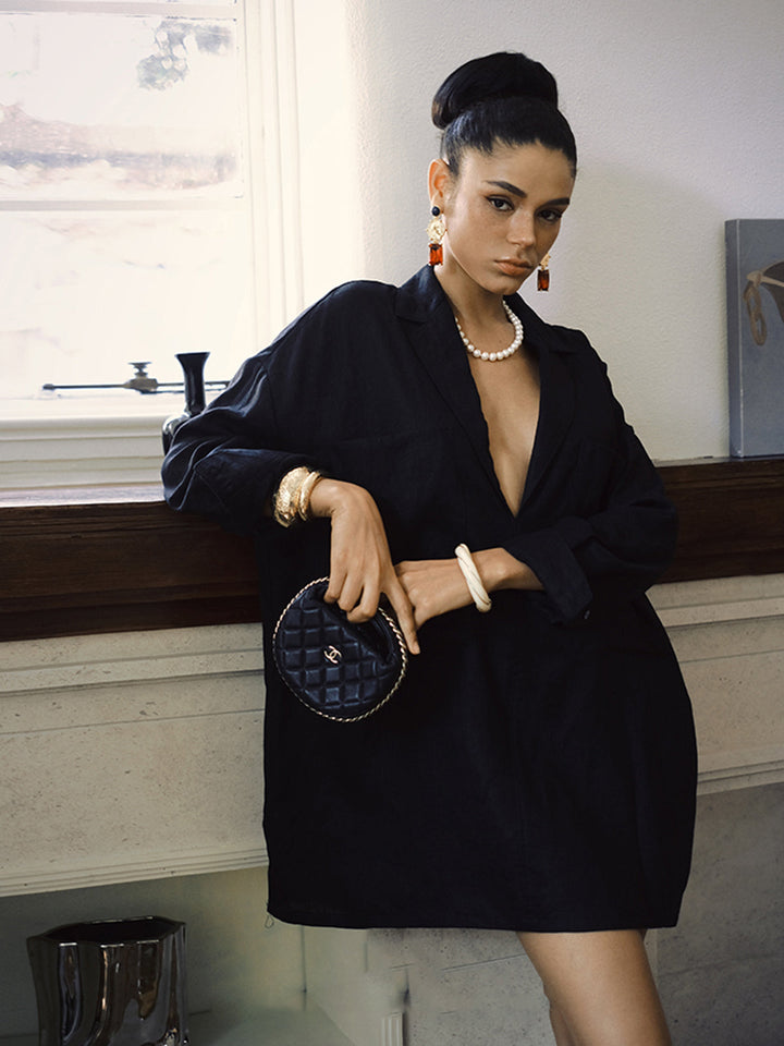 Keten Cepli Yarı Şeffaf Uzun Kollu Elbise