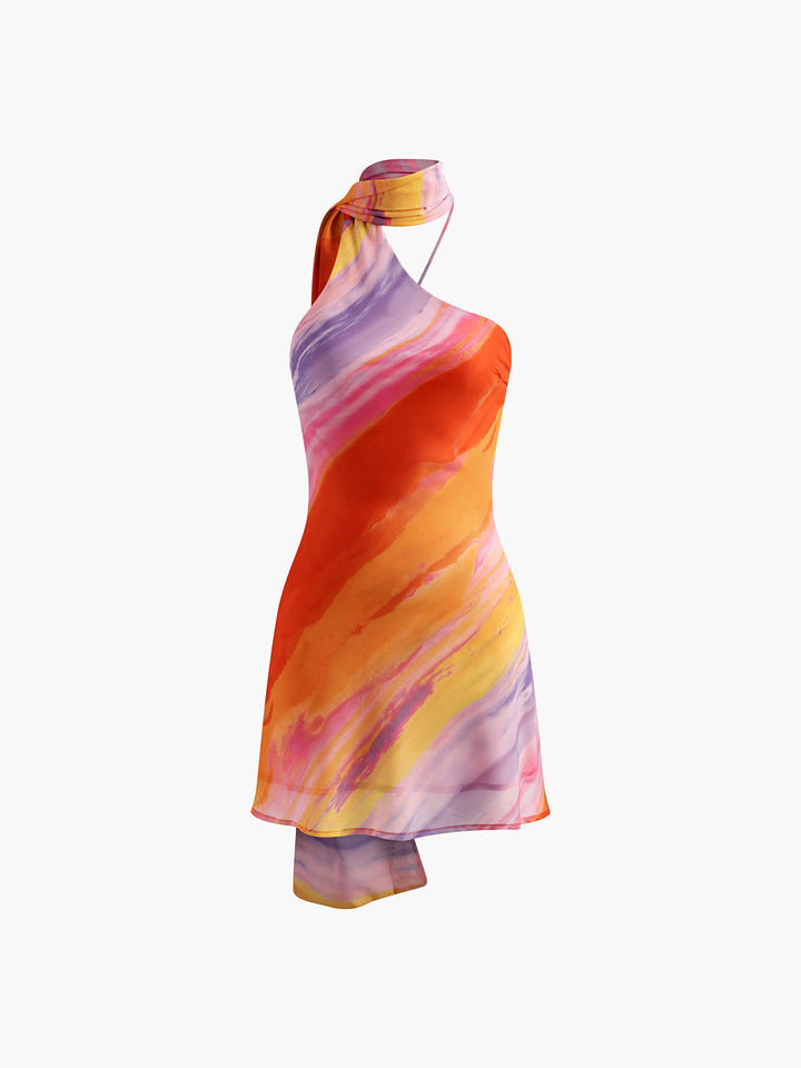 Sunset Asimetrik Yaka & Eşarp Detaylı Desenli Mini Elbise