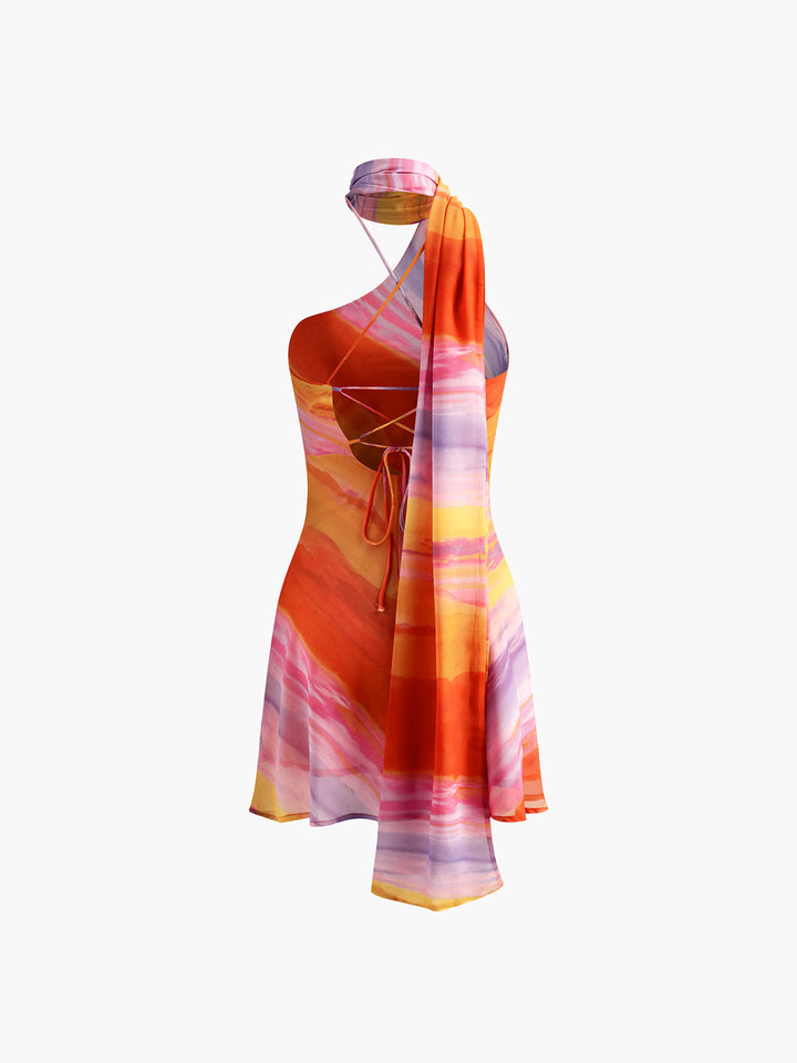 Sunset Asimetrik Yaka & Eşarp Detaylı Desenli Mini Elbise