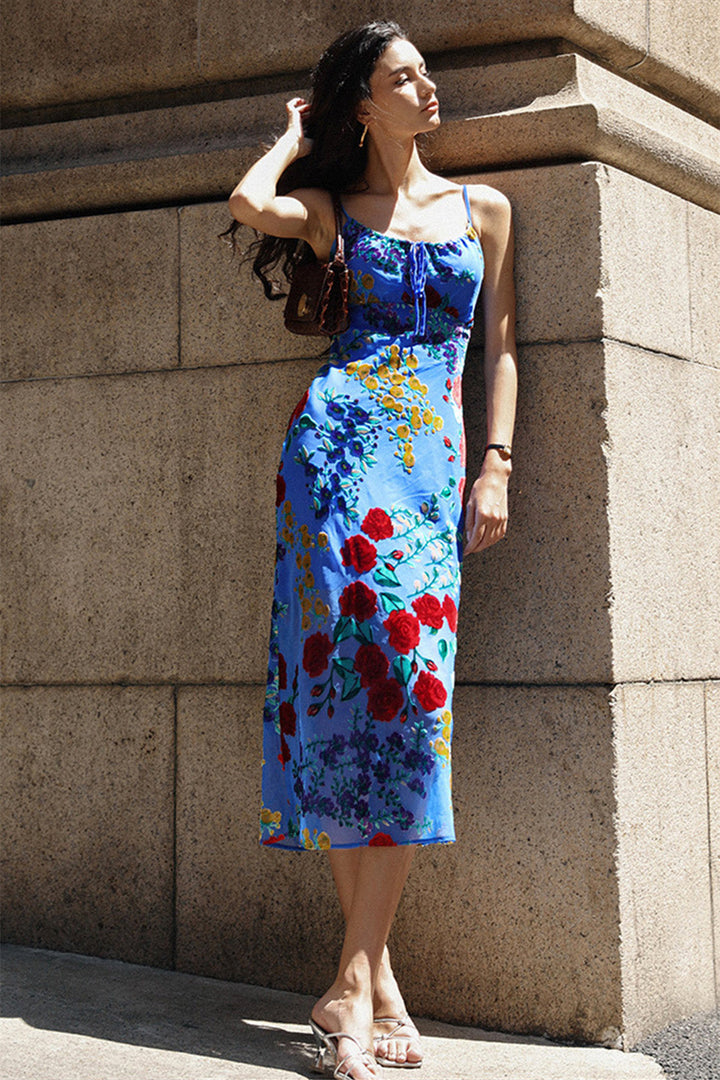 Julie Çiçekli Kadife Burnout Sırtı Açık Midi Elbise