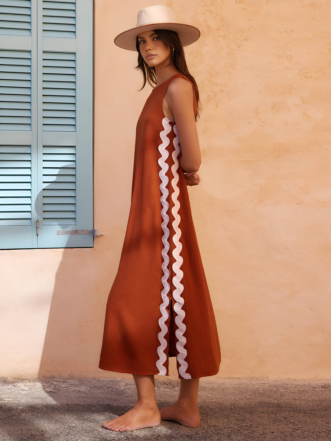 Kontrast Trim Bölünmüş Kolsuz Elbise