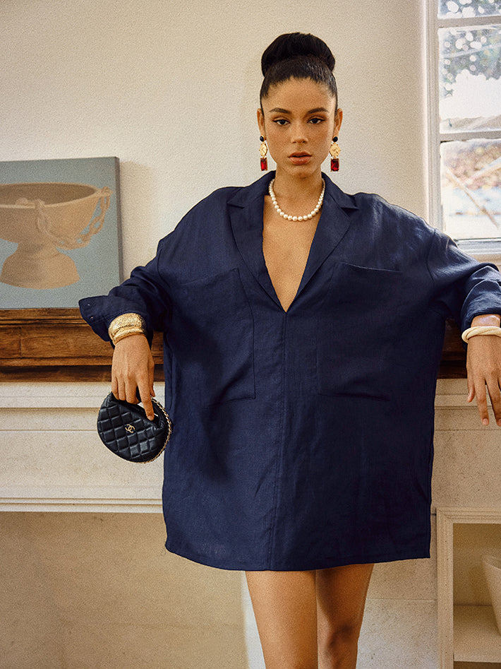 Keten Cepli Yarı Şeffaf Uzun Kollu Elbise