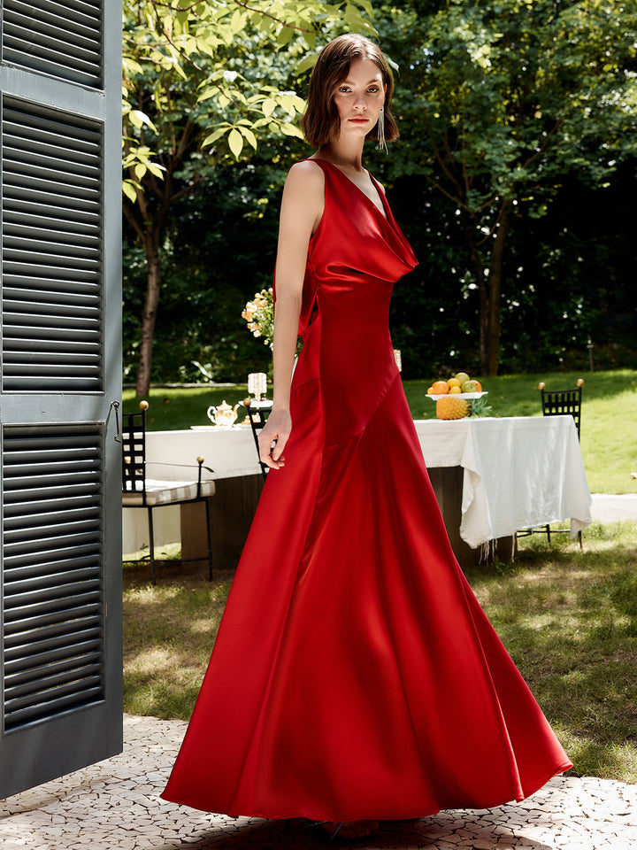 Pliseli Sırtı Açık Saten Tank Uzun Elbise