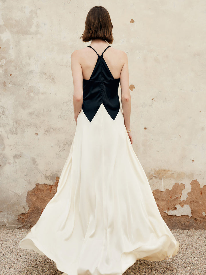 Renk Bloklu Pileli Kesimli Askılı Uzun Elbise