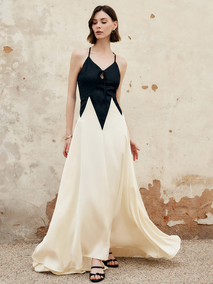 Renk Bloklu Pileli Kesimli Askılı Uzun Elbise