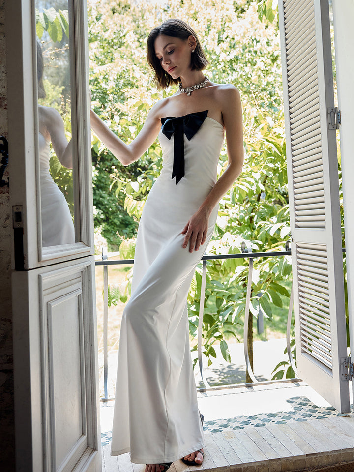 Önü Fiyonklu Straplez Yarık Uzun Elbise