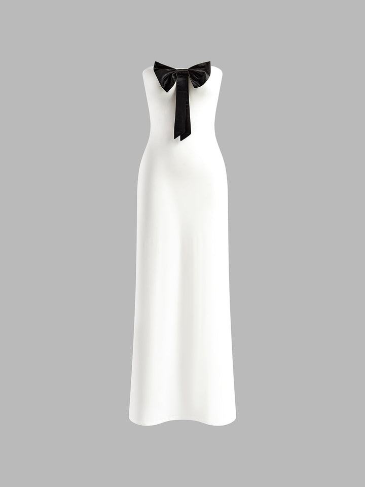 Önü Fiyonklu Straplez Yarık Uzun Elbise