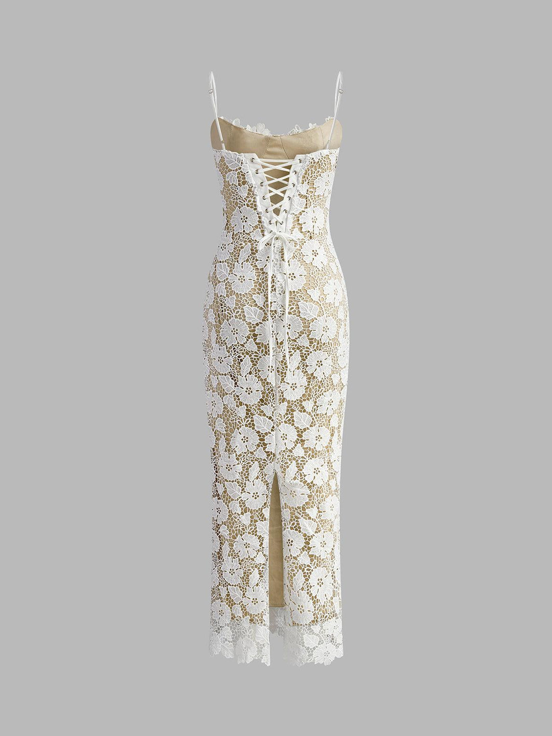 Dantel Detaylı Askılı Beyaz Midi Elbise