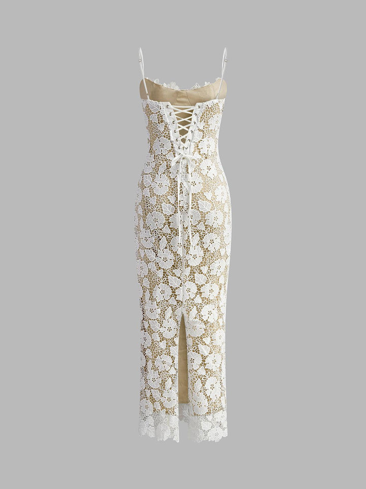 Dantel Detaylı Askılı Beyaz Midi Elbise