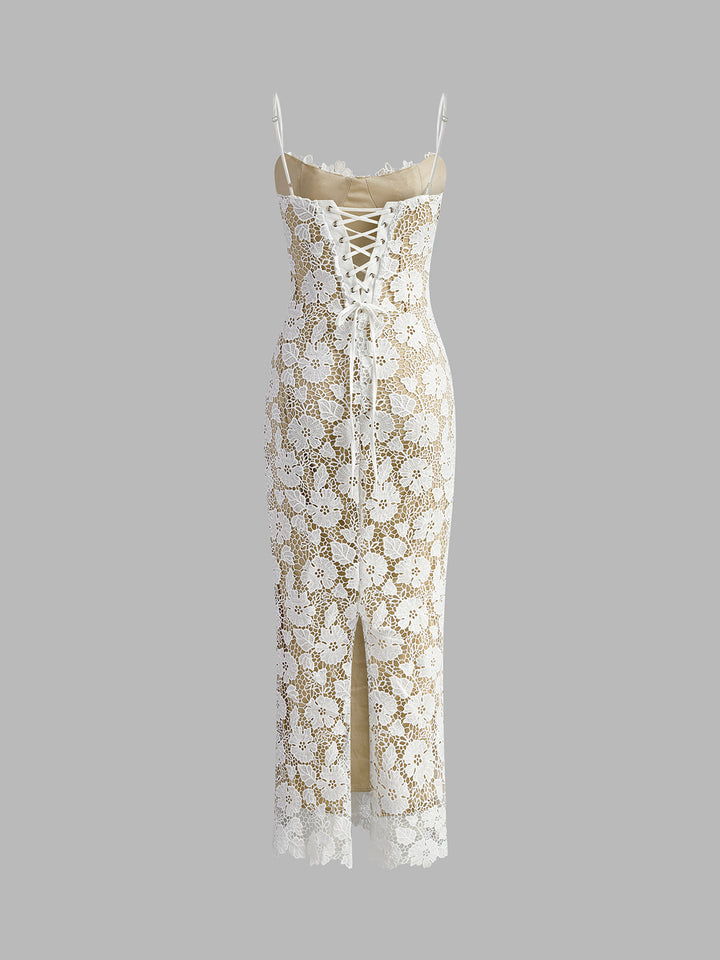 Yarı Şeffaf Çift Katmanlı Dantel Askılı Elbise